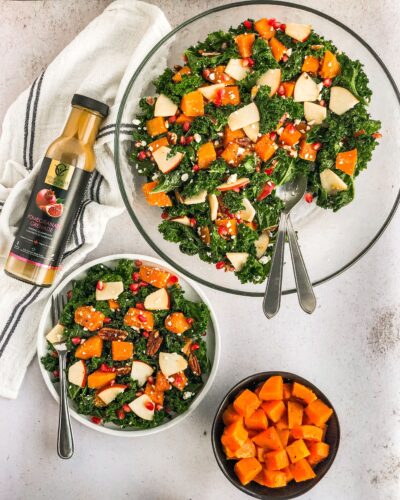 Roasted Butternut Squash Kale Salad with Pomegranate dressing