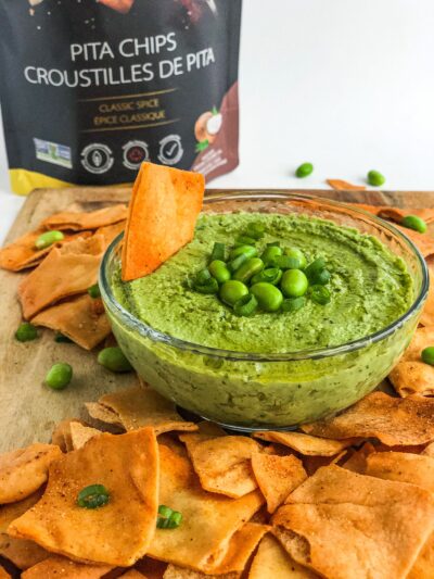 High protein Edamame, Avocado and Pesto dip