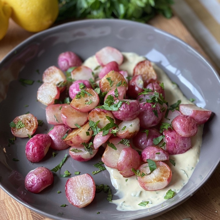 Roasted Radishes with Herb Tahini Sauce by Reed Dunn - FoodSocial