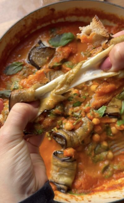 Mozzarella stuffed aubergine & chickpea ragu