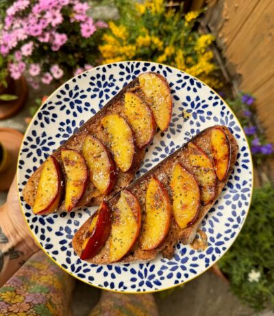 Griddled Nectarine & salted date almond butter toast