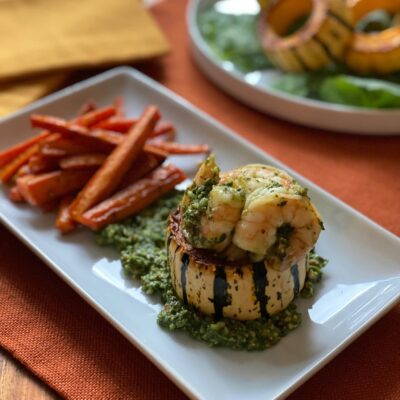 Delicata Squash Stuffed with Baby Kale Pesto Shrimp