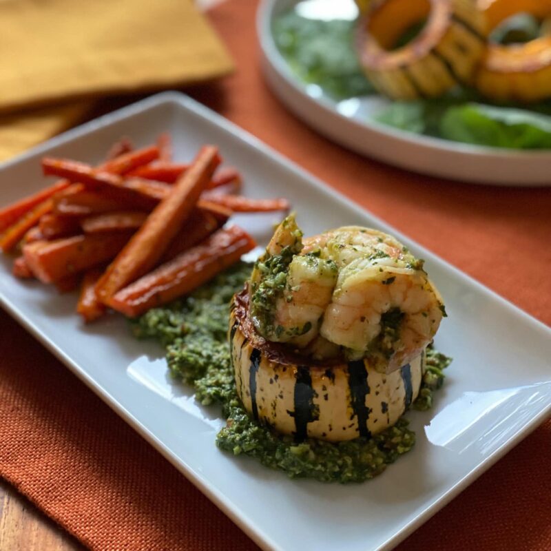 Delicata Squash Stuffed with Baby Kale Pesto Shrimp by Reed Dunn - FoodSocial