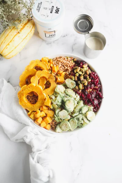 Warm Fall Farro Salad with Cashew & Cracked Pepper Dressing