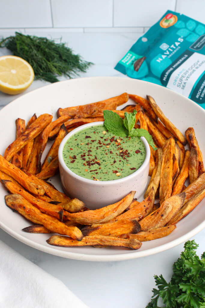 Baked Sweet Potato Fries with Green Goddess Dip by Chloe's Creative Kitchen - FoodSocial