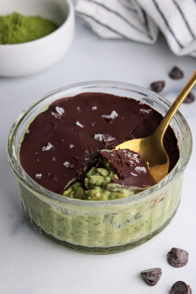 Matcha Overnight Oats with Chocolate Shell by Chloe's Creative Kitchen - FoodSocial