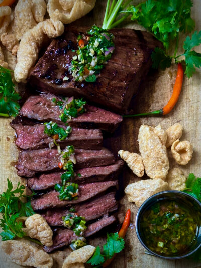 Spicy Marinated Steak With Pork Rinds