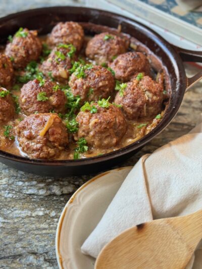 One Pan Wild Mushroom Salisbury Meatballs