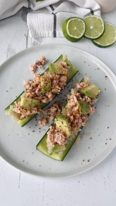 Hot Honey Salmon Cucumber boats