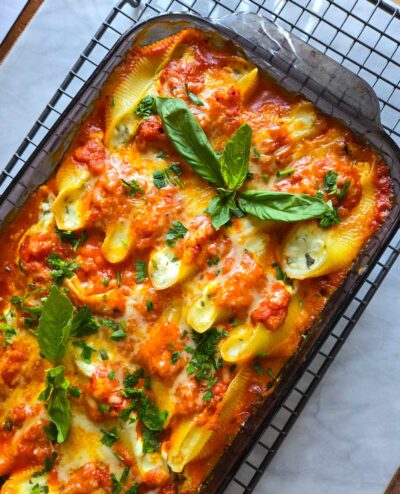 Cottage Cheese Stuffed Shells with Roasted Red Pepper Sauce