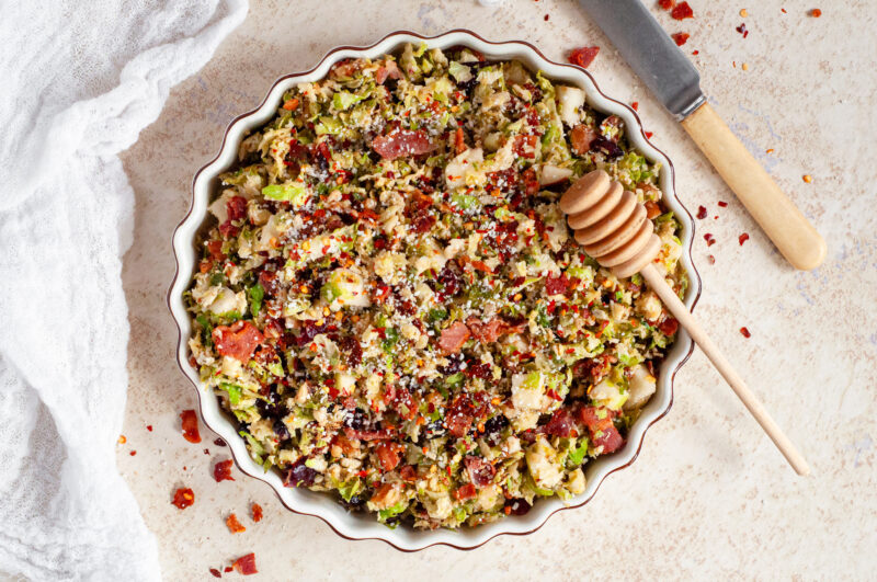 Hot Honey Mustard Brussel Sprout Salad by Caked By Katie FoodSocial