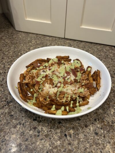 bbq chicken, bacon, & avocado ranch loaded jicama fries