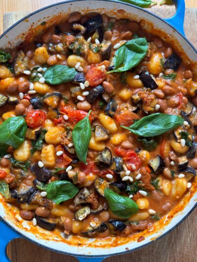 Aubergino gnocchi beans