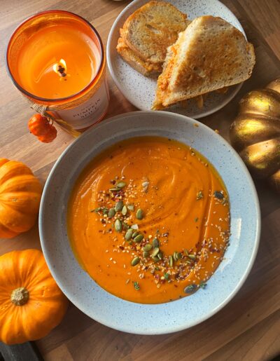 Pumpkin & Red Pepper Soup with Cheese Kimchi Toastie