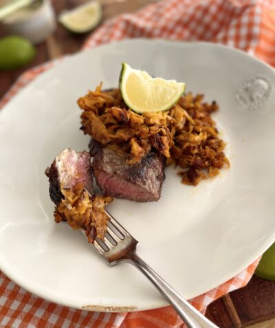 Pan-Seared Chili Lime Butter Strip Steaks with Sweet Potato “Noodles” (Gluten-Free/Dairy-Free)