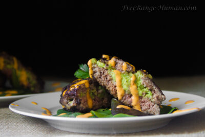 Avocado Goat Cheese Stuffed Burgers with Sriracha Dipping Sauce