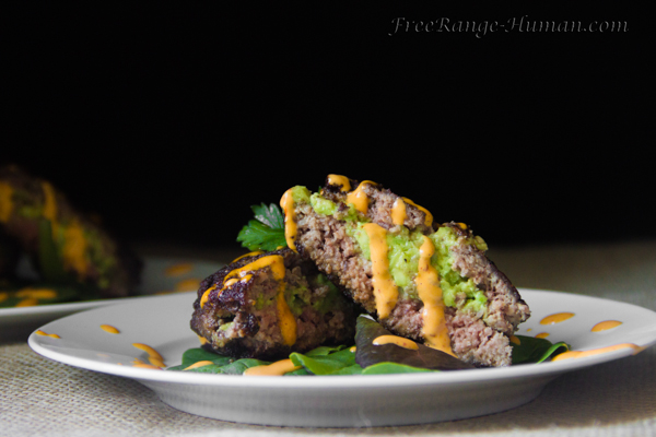 Avocado Goat Cheese Stuffed Burgers with Sriracha Dipping Sauce by Pastured Kitchen - FoodSocial