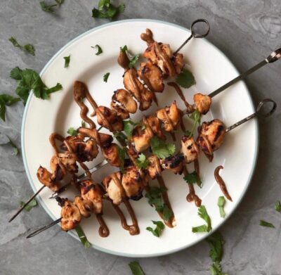 Marinated Chicken Skewers with Almond Butter Dipping Sauce