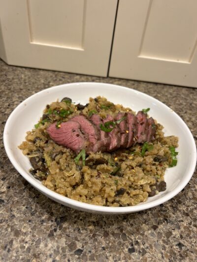 KC strip + artichoke pesto cauliflower rice risotto