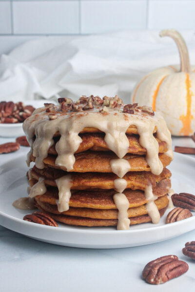 Pumpkin Protein Pancakes with Maple Cream Cheese Glaze (Vegan)