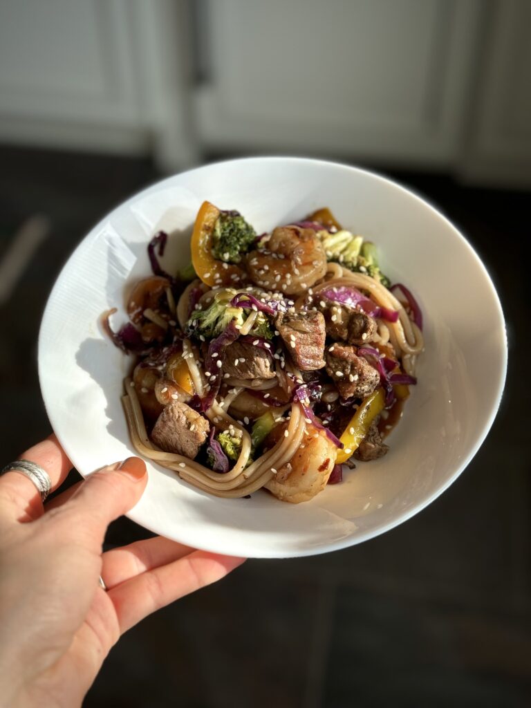 Steak + Shrimp Tart Cherry Teriyaki Udon by Tasha Tindall - FoodSocial