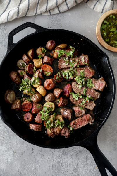 One Skillet Steak and Potatoes with Chimichurri