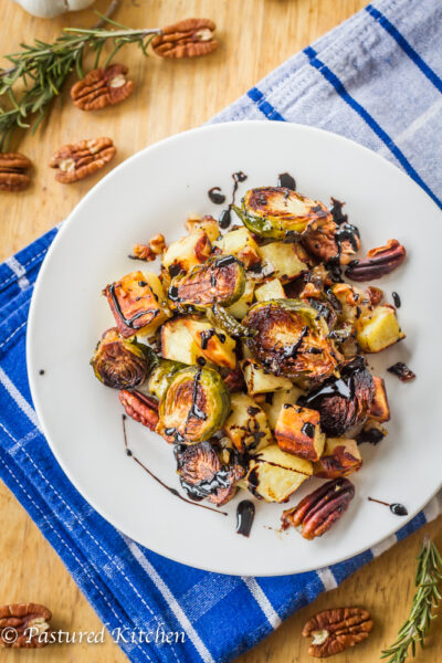 Roasted Sweet Potatoes and Brussels Sprouts with Pecans and Balsamic Reduction