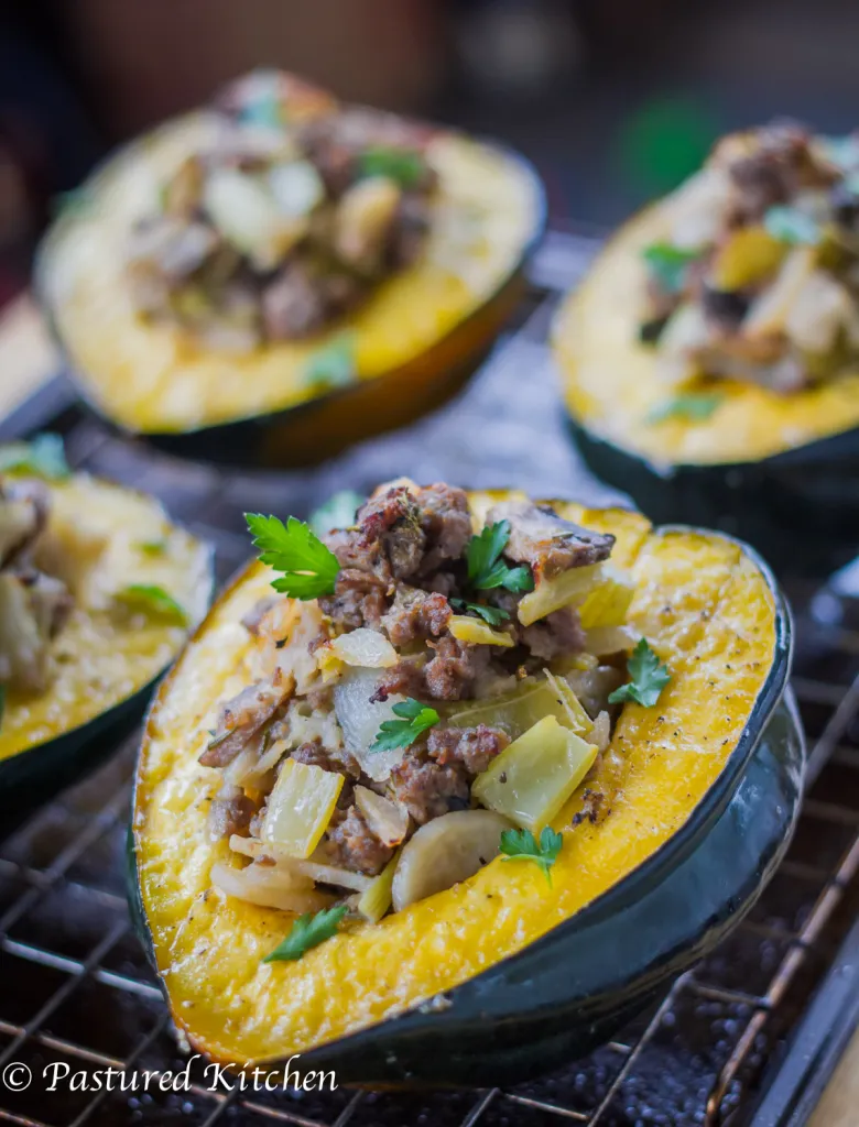 Sausage Stuffing Stuffed Squash by Pastured Kitchen - FoodSocial