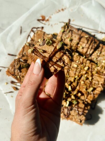 Gluten Free Dark Chocolate, Pistachio, & Sea Salt Blondies