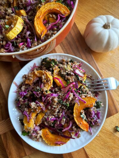 autumn goodness bowl with creamy peanut dressing