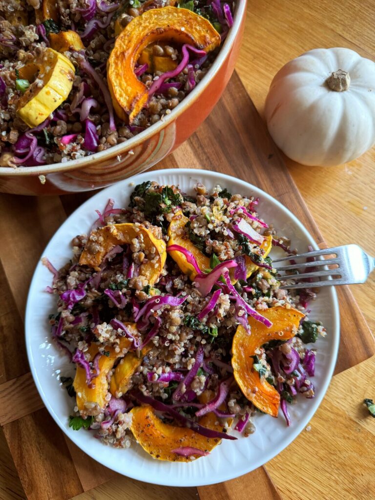 Delicate squash & lentil goodness bowl with creamy peanut dressing by theyogaplantkitchen - FoodSoci