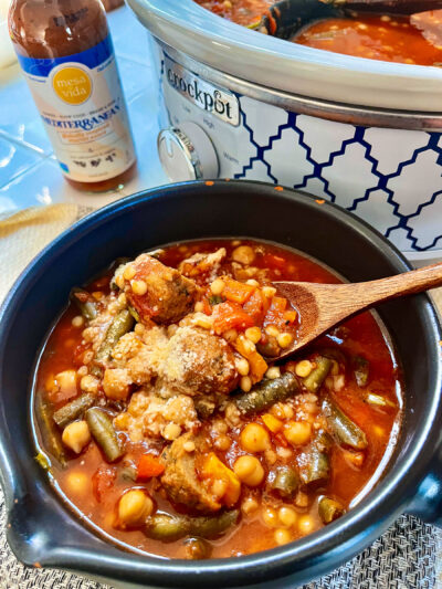 Easy Slow Cooker Mediterranean Meatball Minestrone Stew