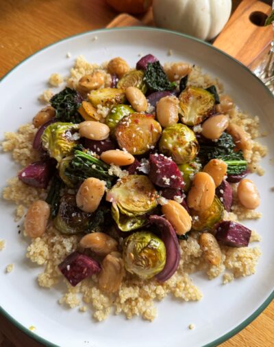 winter veg butterbean tray bake with zesty wholegrain mustard dressing