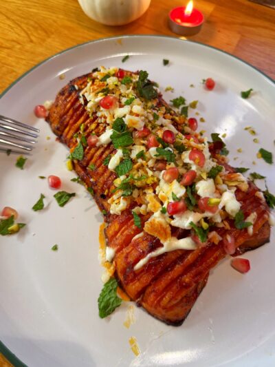 loaded harissa hasselback squash