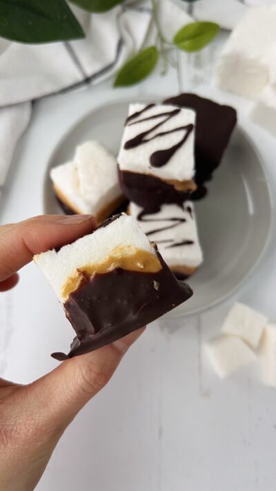 Homemade Marshmallows dipped in Peanut Butter and Chocolate