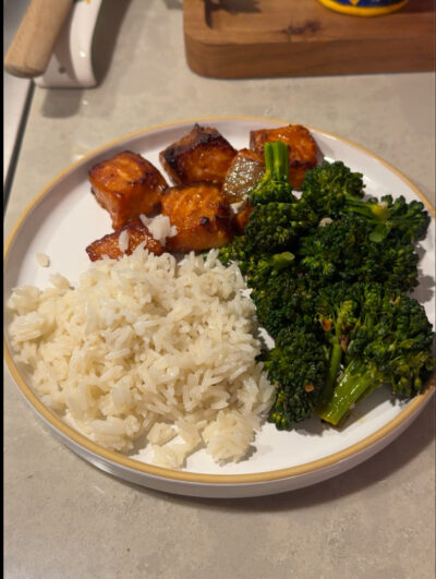 Air Fryer Salmon Bites, Sauteed Broccoli & Coconut Rice