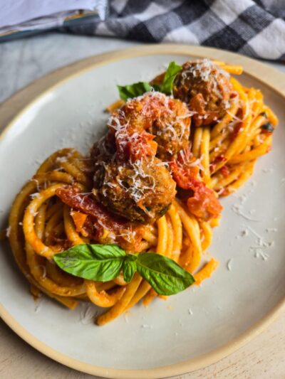 Bucatini Arrabbiata with Sausage Meatballs