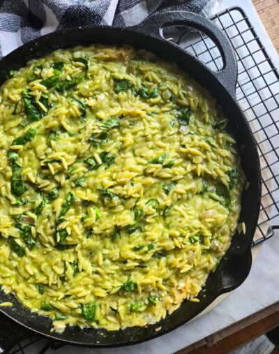 Creamy One Pot Pesto Orzo with Spinach