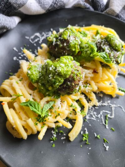 Garlic Bucatini with Pesto Meatballs