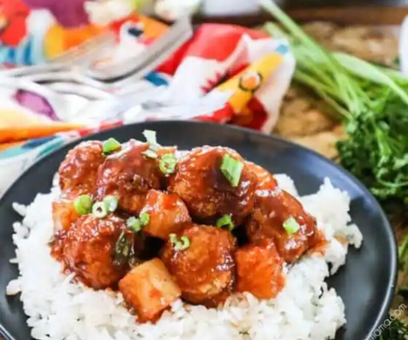 Hawaiian BBQ Chicken Meatballs and Rice by Mya Van Beek - FoodSocial