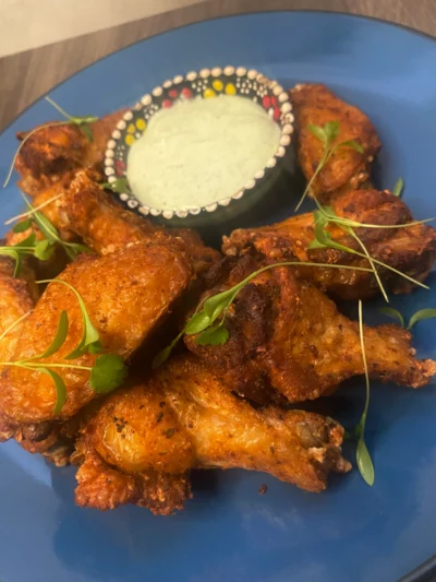 “Taco” chicken wings with avocado ranch