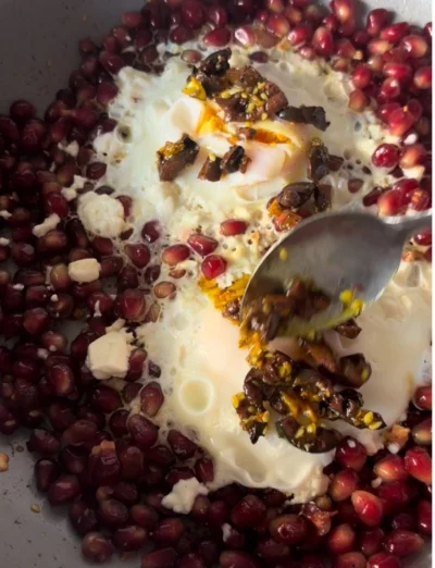 Pomegranate Feta Eggs With Spiced Olives