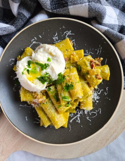 Pesto Rigatoni with Sundried Toms & Burrata