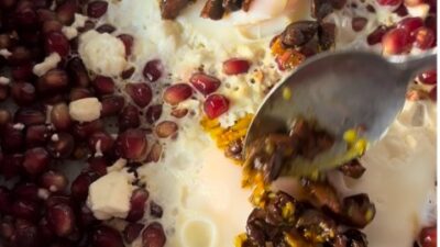 Pomegranate Feta Eggs With Spiced Olives