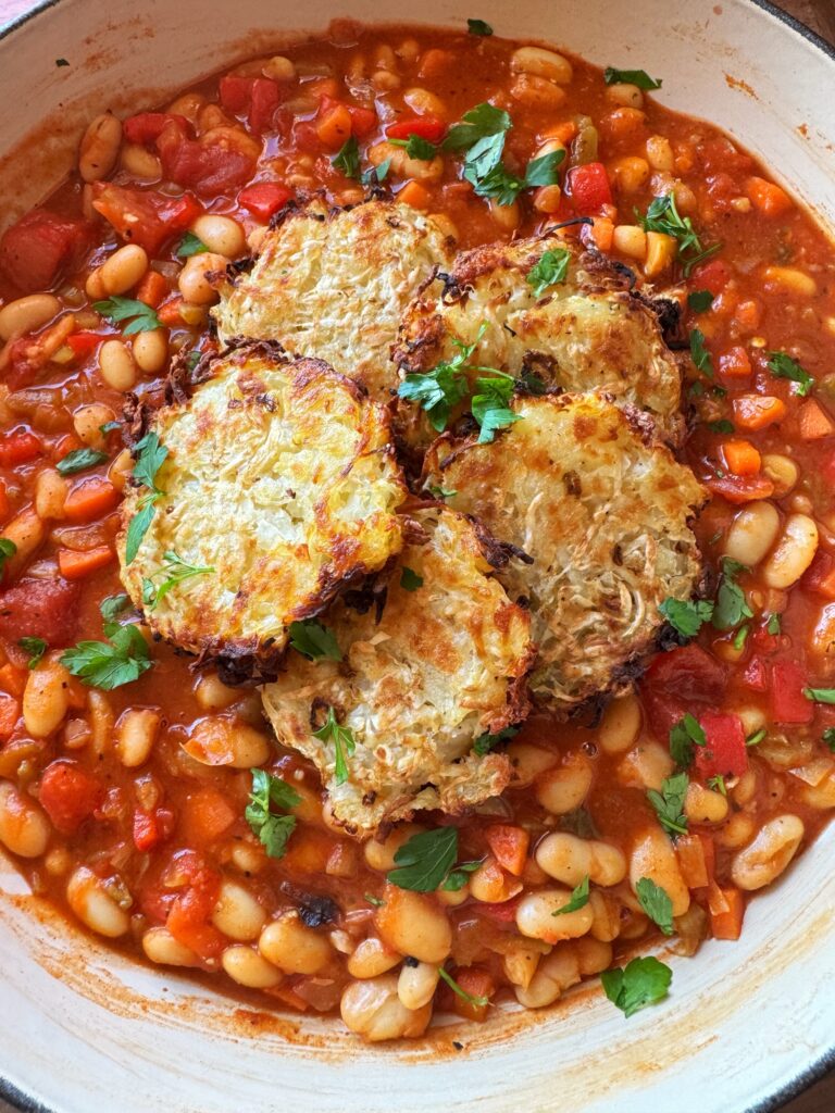 Smoky Harissa Beans with Celeriac and Potato Rostis by Nicole Derdabi - FoodSocial