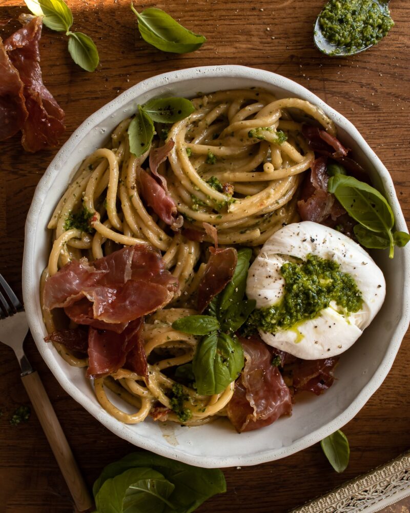 Creamy Basil and Garlic Pasta with Prosciutto and Burrata by Inspired with a Twist - FoodSocial