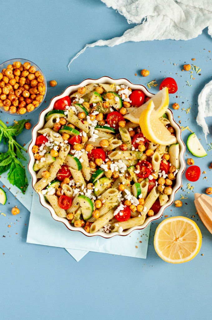 Pesto Penne with Roasted Chickpeas by Caked By Katie - FoodSocial