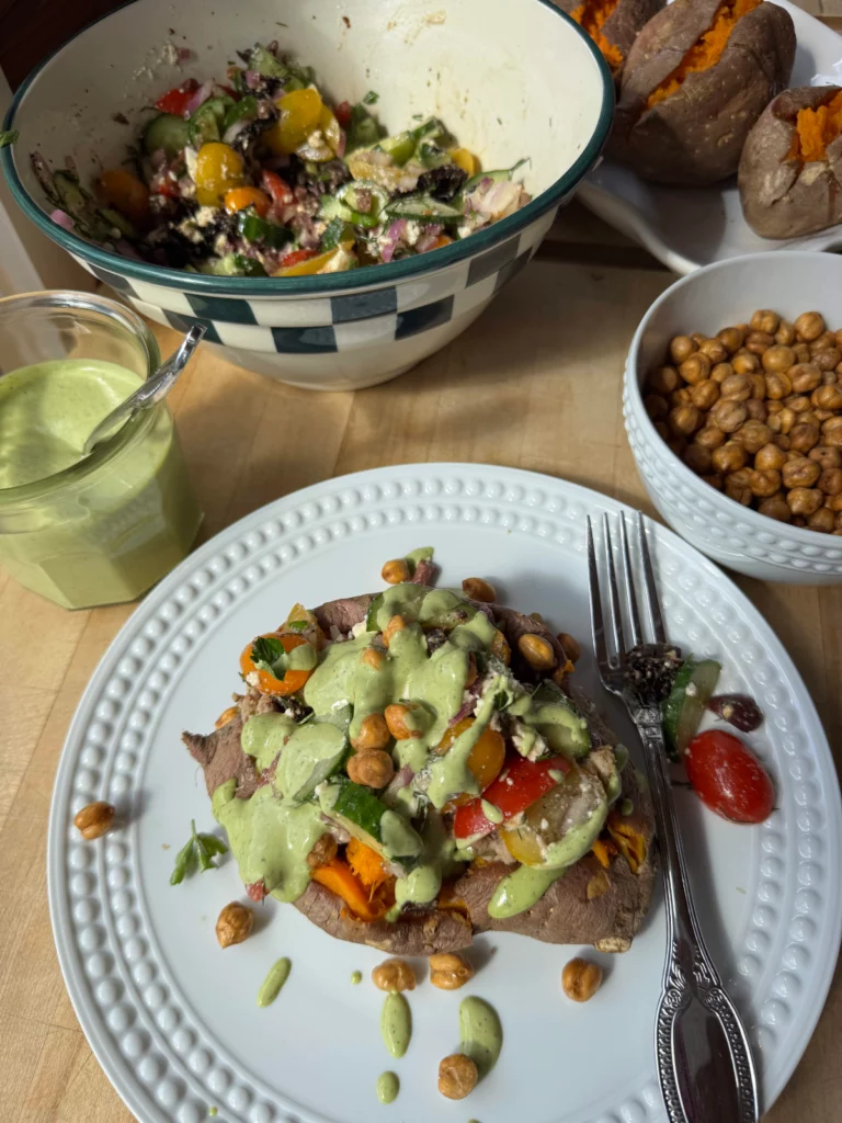 Greek Stuffed Sweet Potatoes with Crispy Chickpeas by Goodness With G - FoodSocial