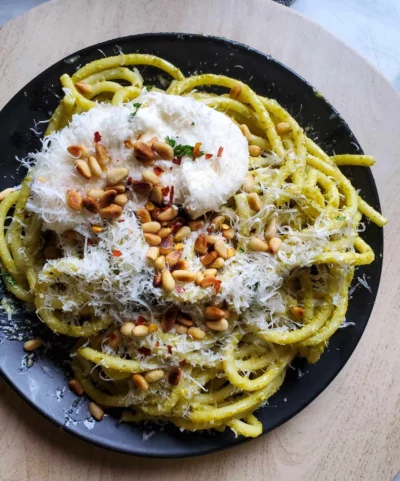 Pesto Bucatini with Burrata & Toasted Pine Nuts