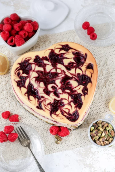 Raspberry Swirl Pistachio Cheesecake